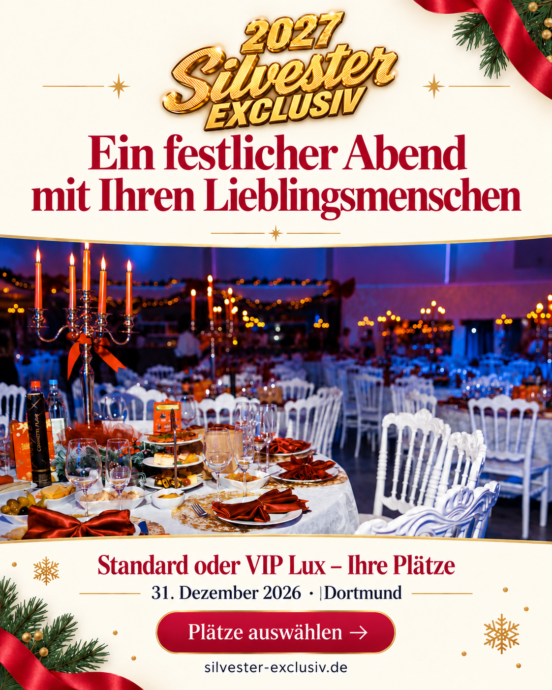 Festlicher Gala-Saal mit gedeckten Tischen auf dem Motiv von Silvester Exclusiv 2027